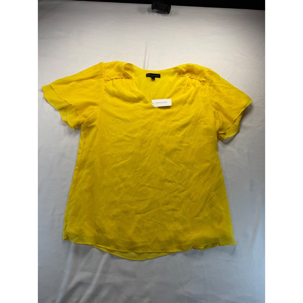 Banana Republic Women XL Yellow Ruffle Flutter Sleeve V-Neck Chiffon Blouse NWT